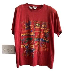 Vintage Southwest Art 90s Red Single Stitch Shirt One Size USA Cowboy Western XL